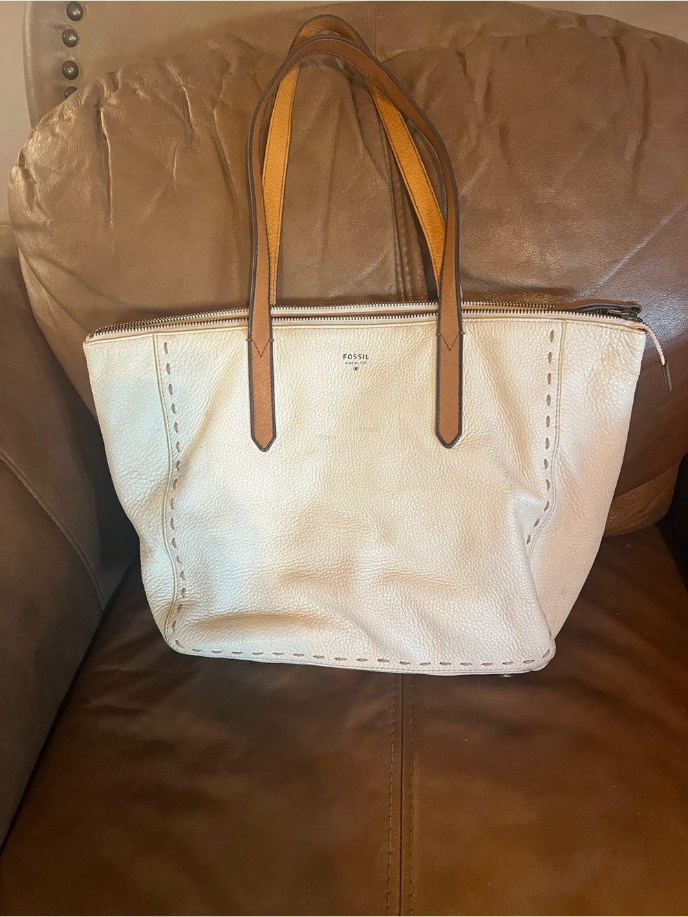 Fossil Cream Leather Tote with Tan Handles